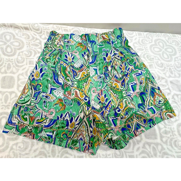 Chufy High Waist Shorts Colorful Floral Green yellow Blue Print Casual Summer XS - Picture 1 of 13